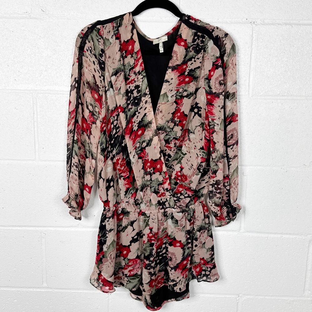 Joie Silk Floral Romper Womens XS Red Long Sleeve Wrap Ruffle Hem
